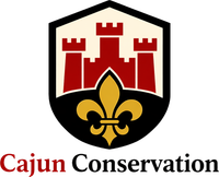 Cajun Conservation logo with red castle, gold fleur-de-lis, and black shield