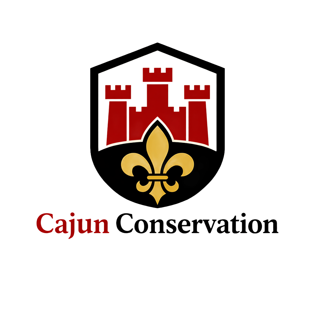 Cajun Conservation logo with red castle and gold fleur-de-lis on a black shield