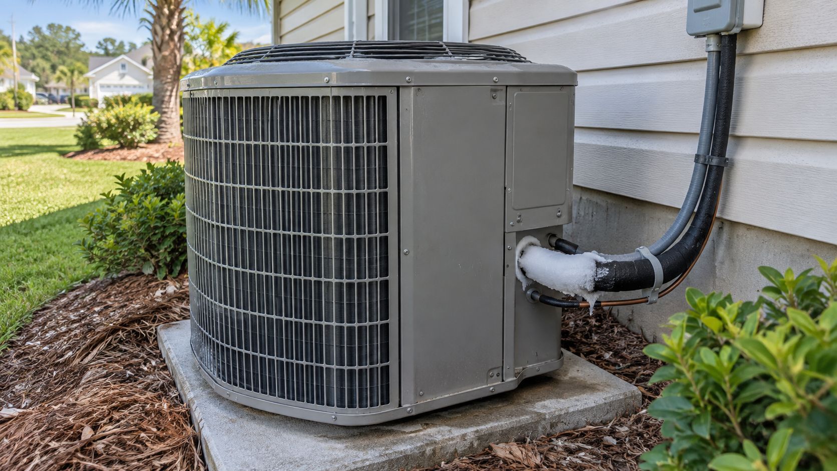 Outdoor air conditioning unit beside a house, with a black hose and concrete pad near mulch and grass.