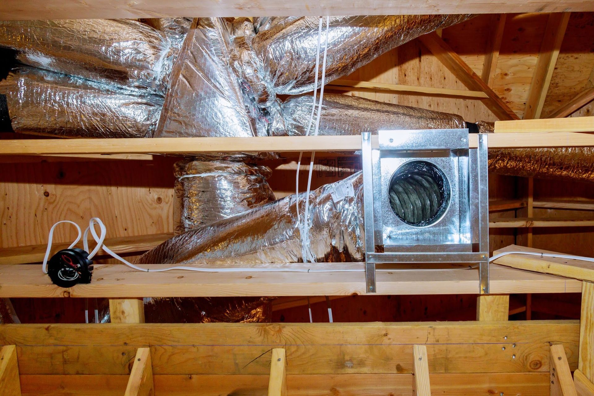 An unfinished attic space showing insulated flex ducting, wooden framing, and a metal vent box mounted on a shelf.