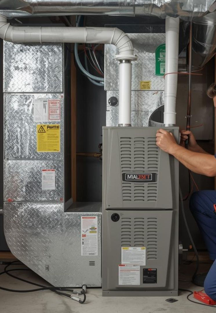 Technician in blue uniform kneeling and inspecting an HVAC furnace unit in an unfinished room.
