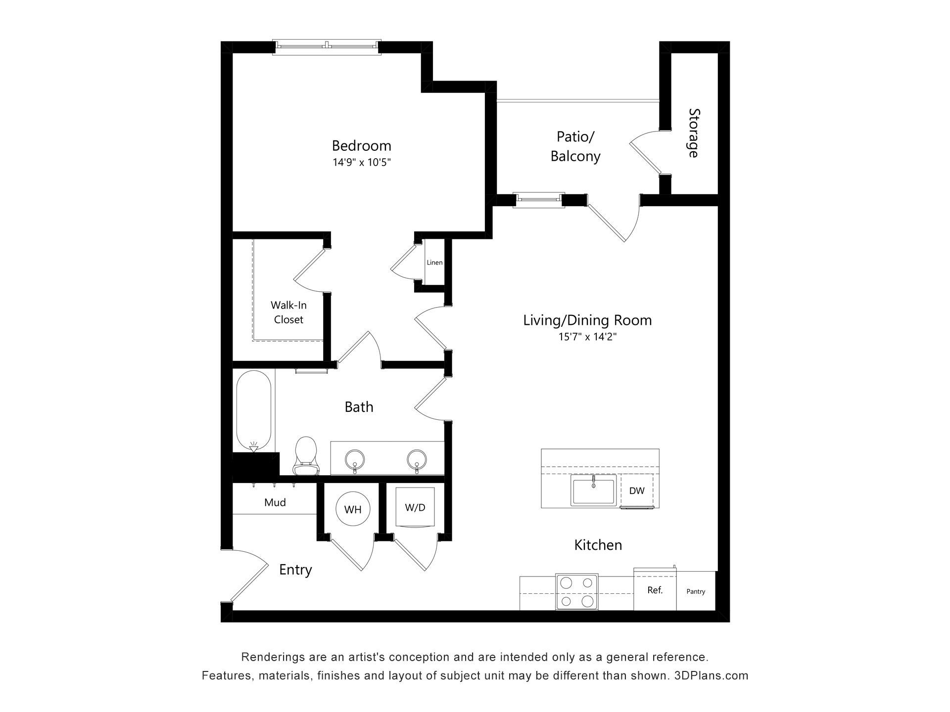 Floorplan for 1 bed, 1 bath unit at Carden Springs