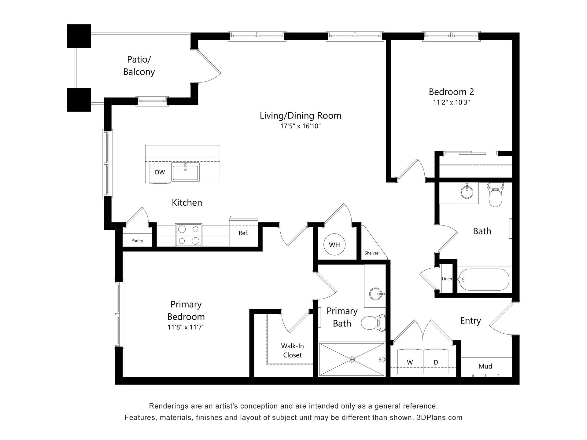 Floor plan of 2 bed 2 bath unit at Carden Springs