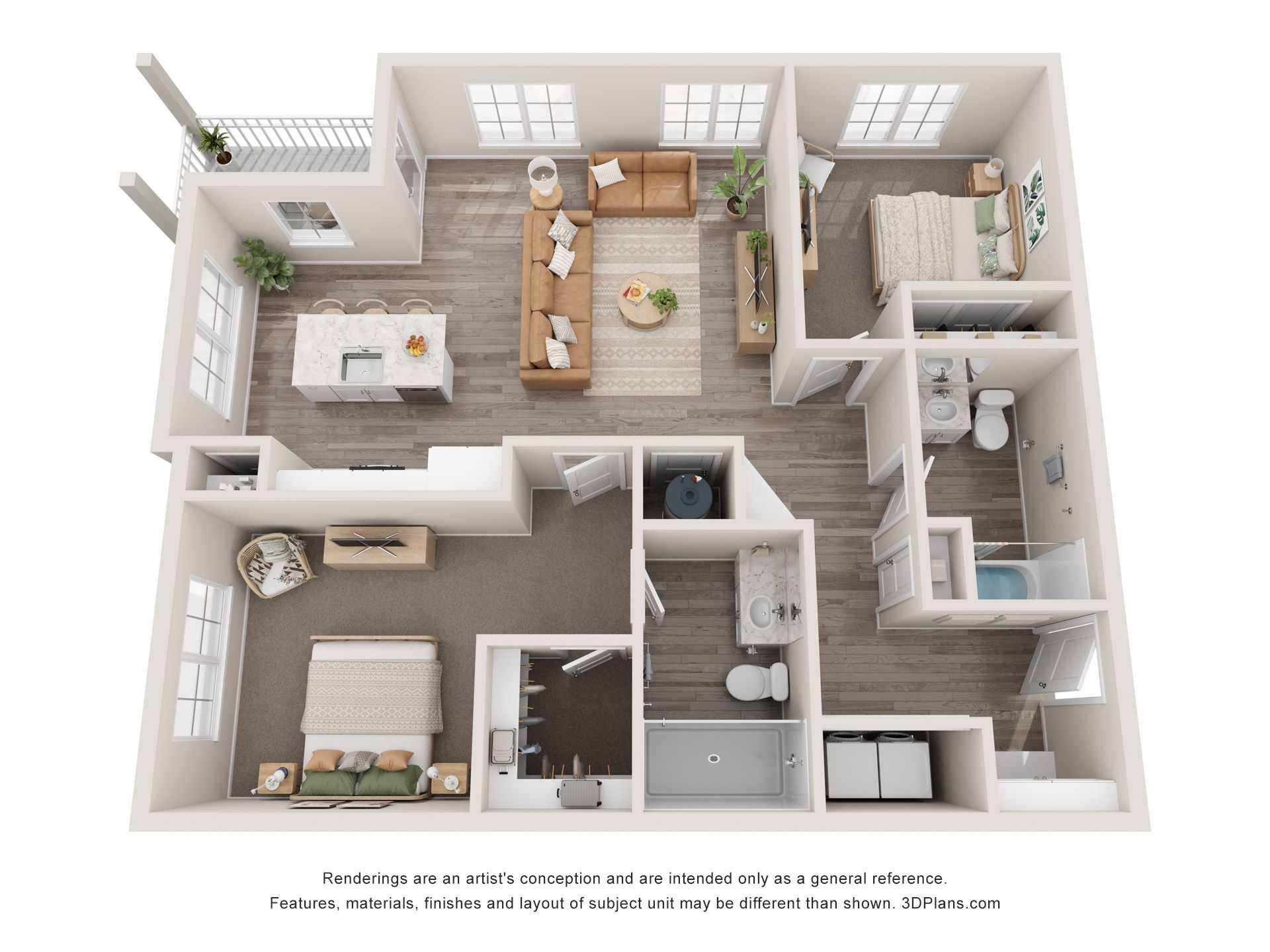 Floor plan of 2 bed 2 bath unit at Carden Springs