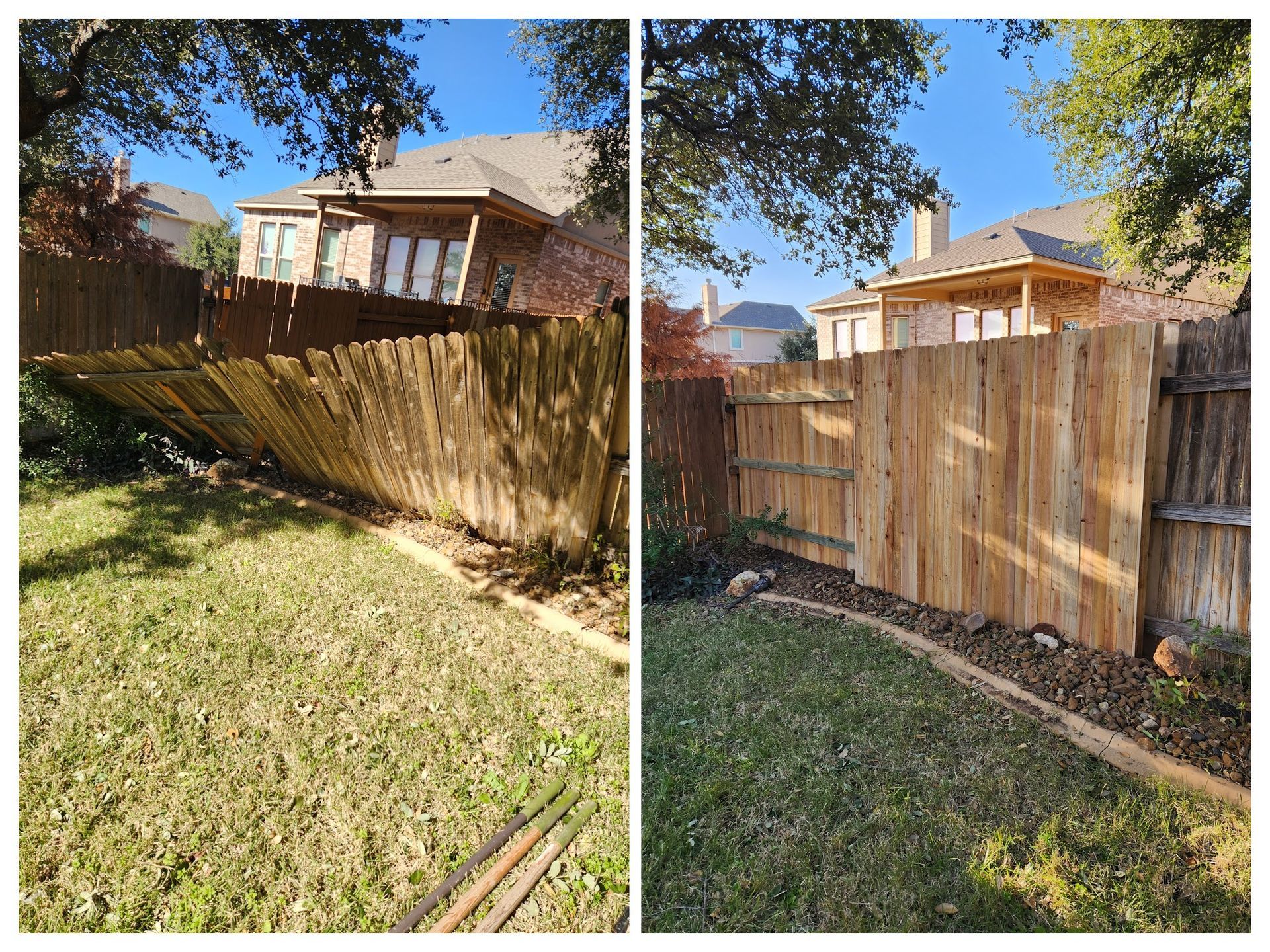 A before and after photo of a wooden fence in a backyard.