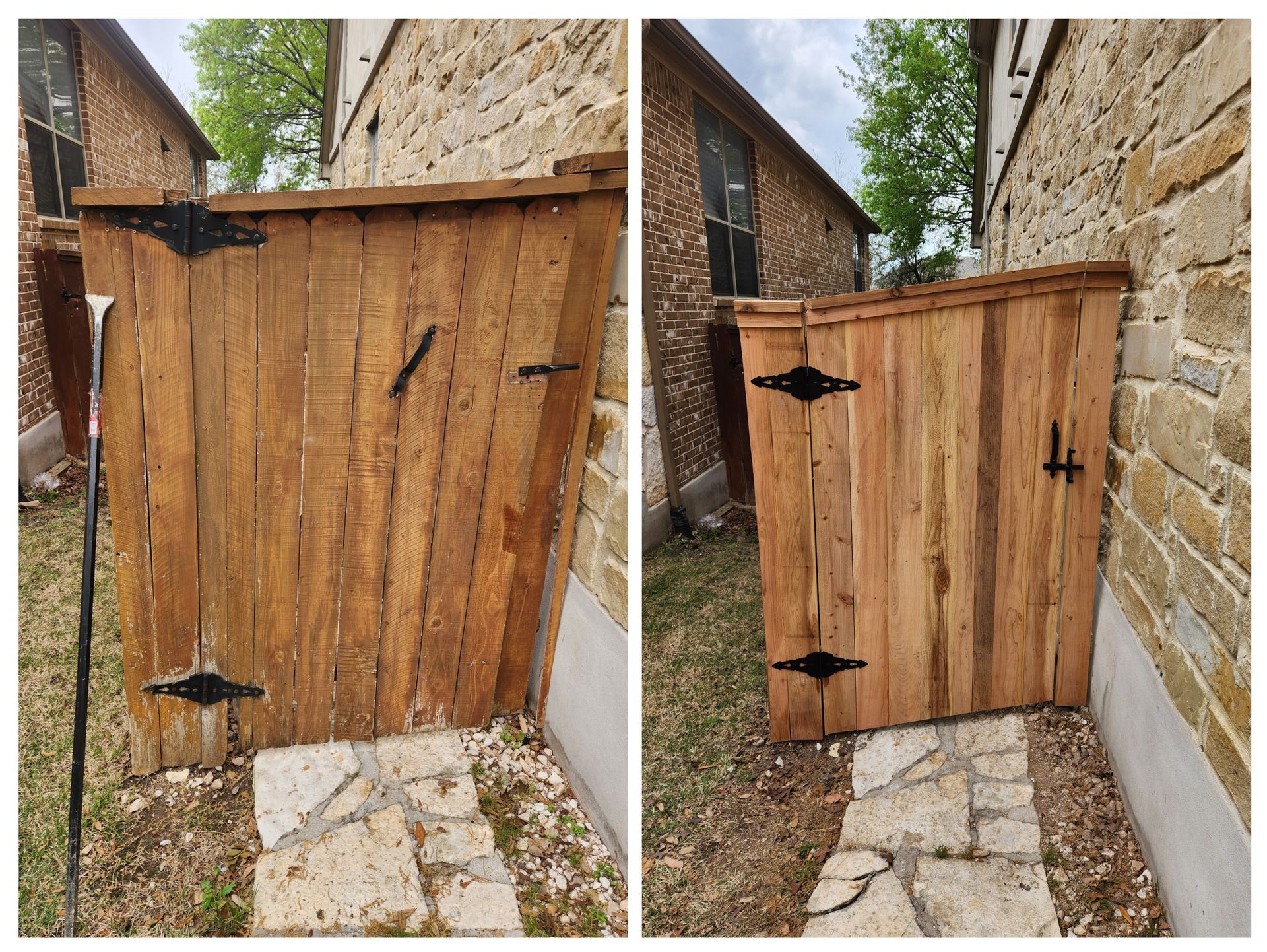 A wooden gate is sitting next to a stone wall.