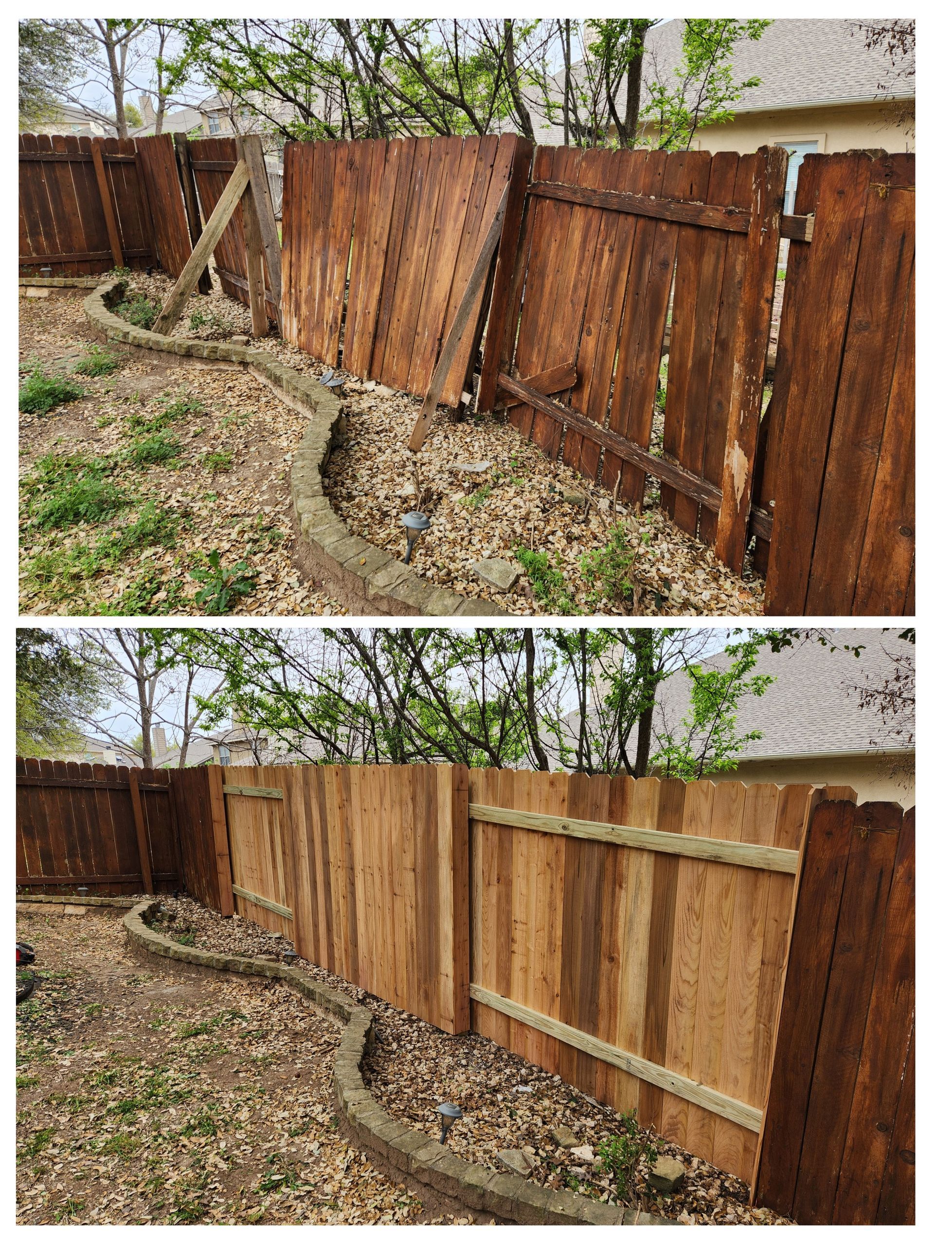 A before and after picture of a wooden fence in a backyard.