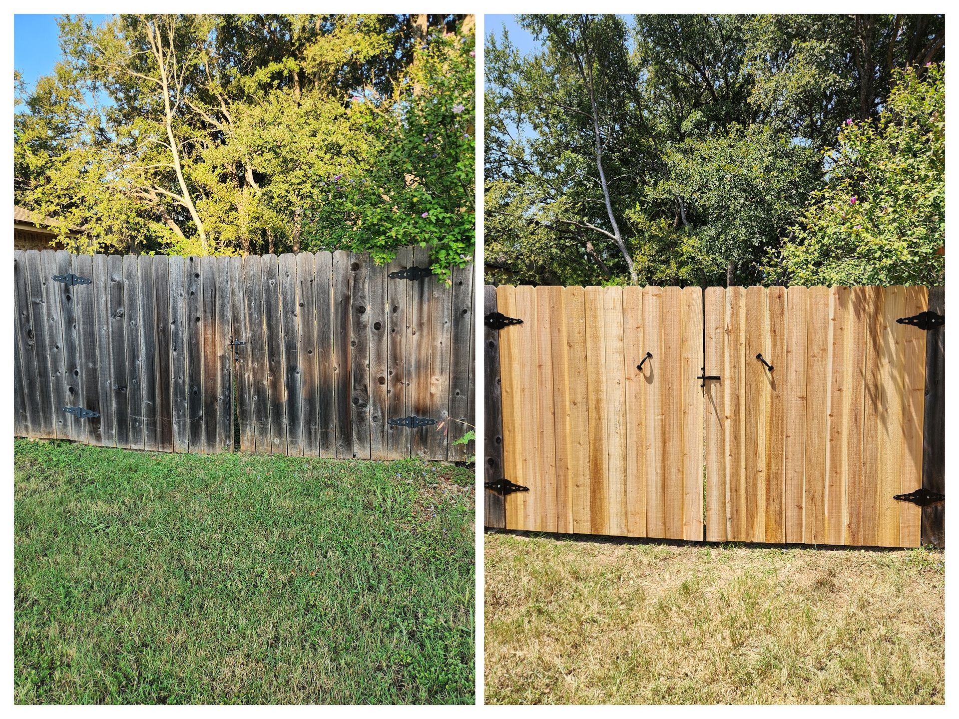 A before and after photo of a wooden fence in a backyard.