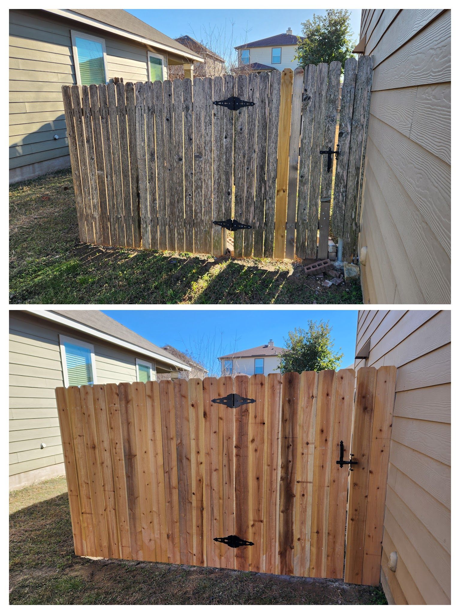 A before and after picture of a wooden fence with a gate.