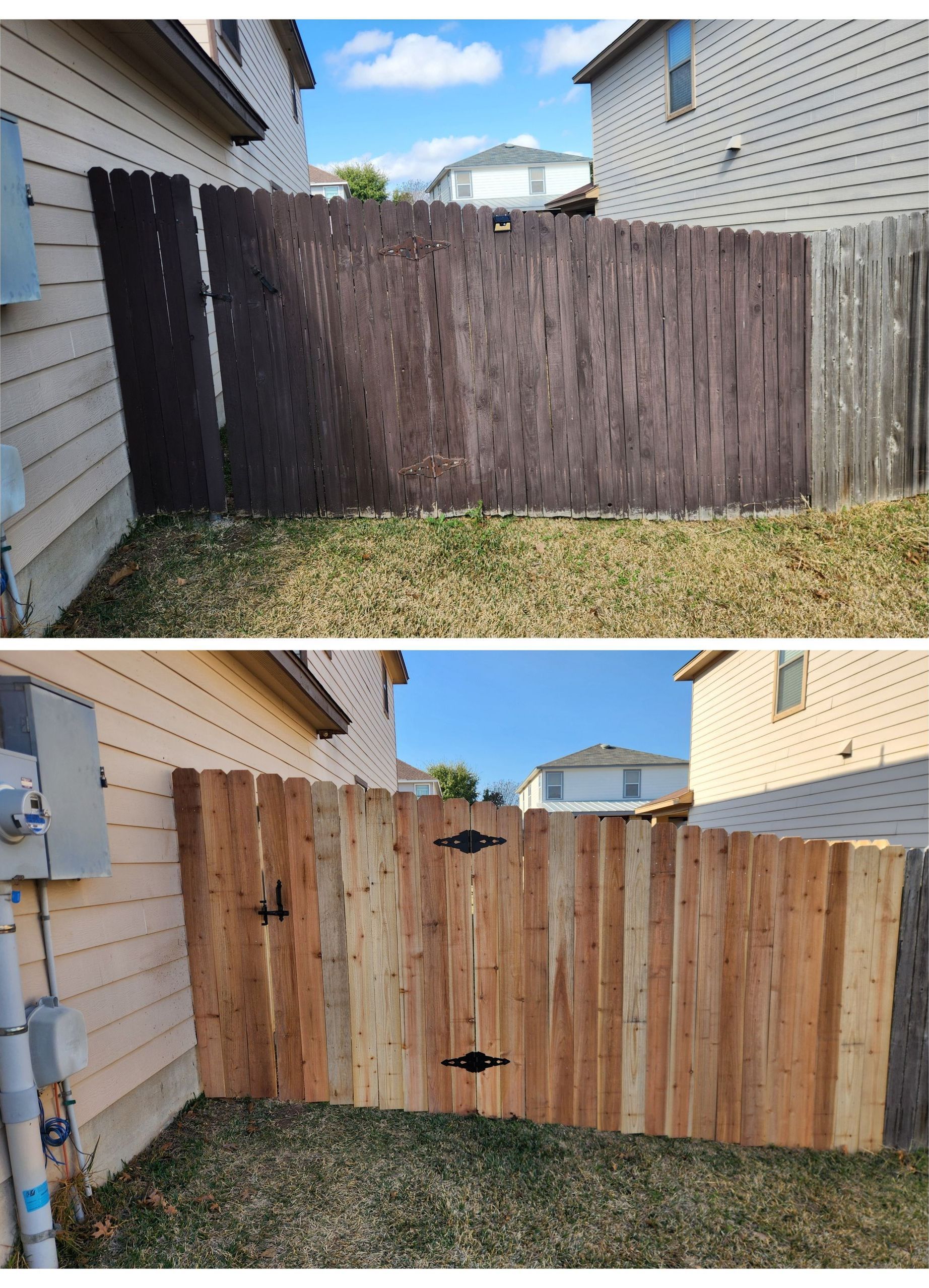 A before and after picture of a wooden fence.