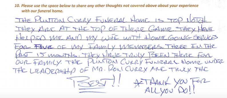 hand written review by customer