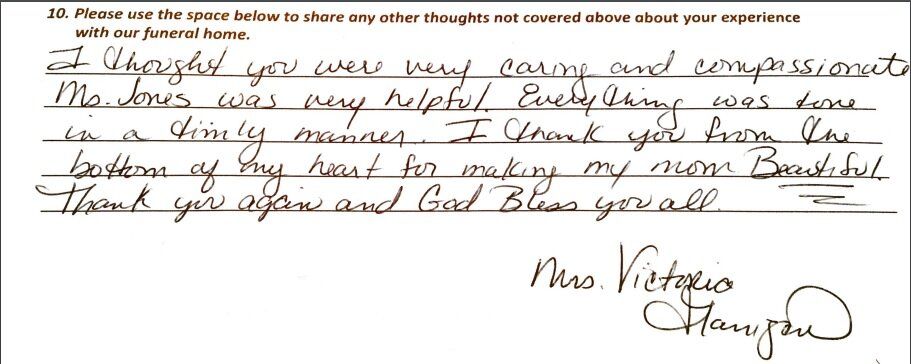 hand written review by customer