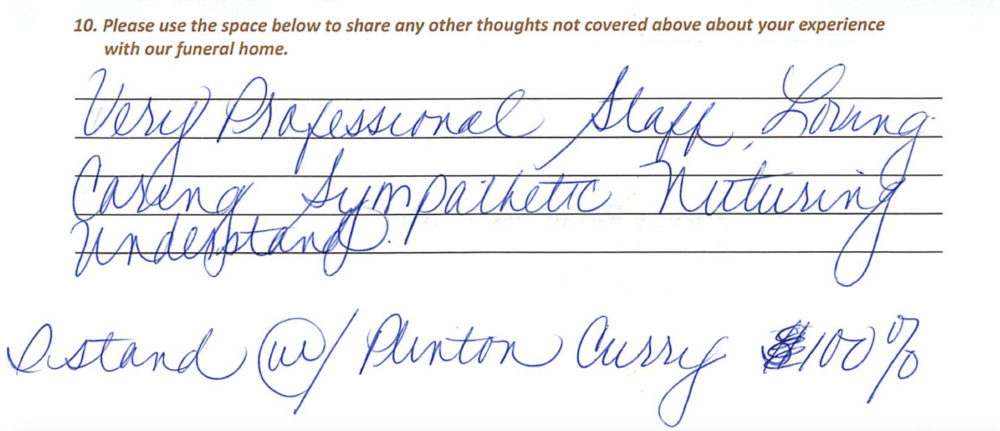 hand written review by customer
