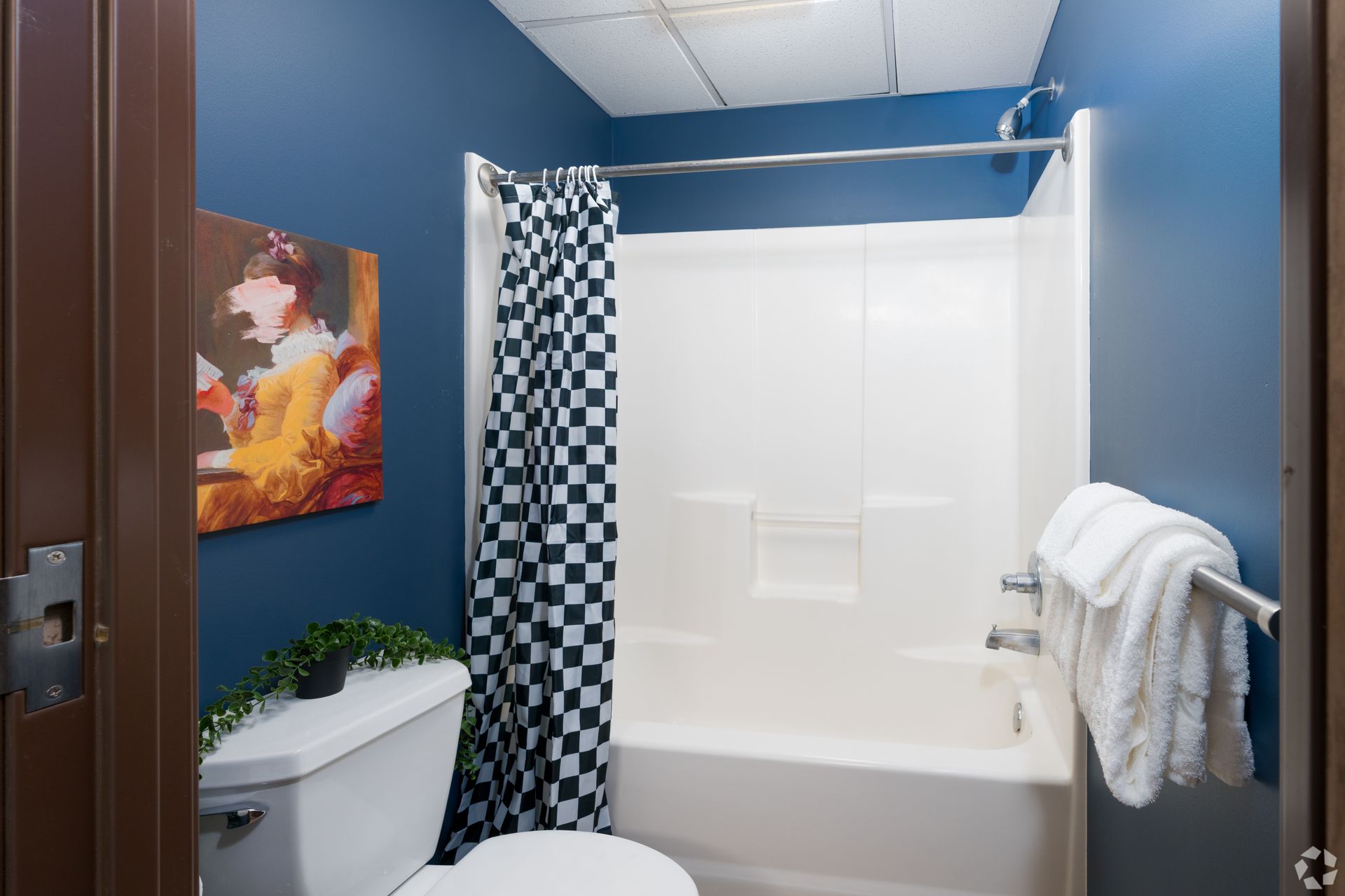 Small bathroom with blue walls, white shower, checkered shower curtain, and a painting above the toilet.