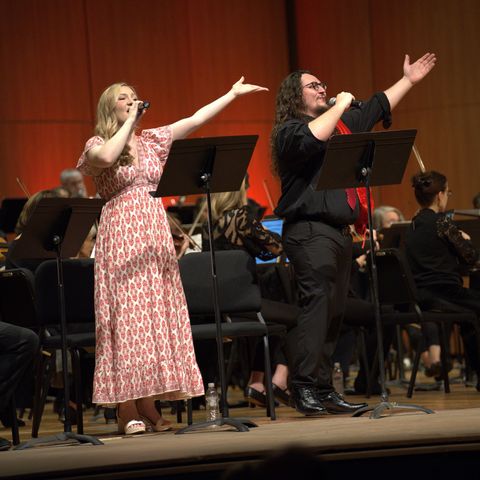 Orchestra musicians performing on stage, with a violinist in the foreground and a harp in the background