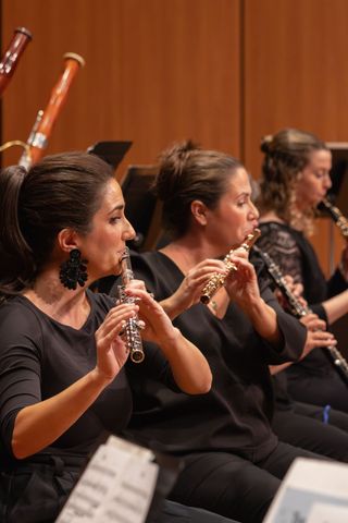 Orchestra musicians performing on stage, with a violinist in the foreground and a harp in the background