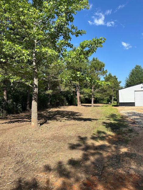A white garage is sitting in the middle of a lush green field surrounded by trees.