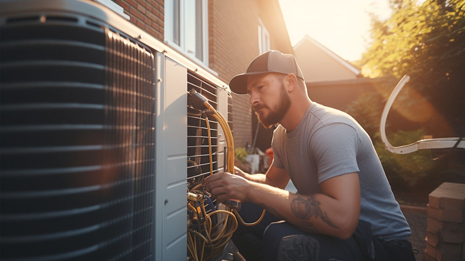 Un homme travaille sur un climatiseur à l'extérieur d'une maison.