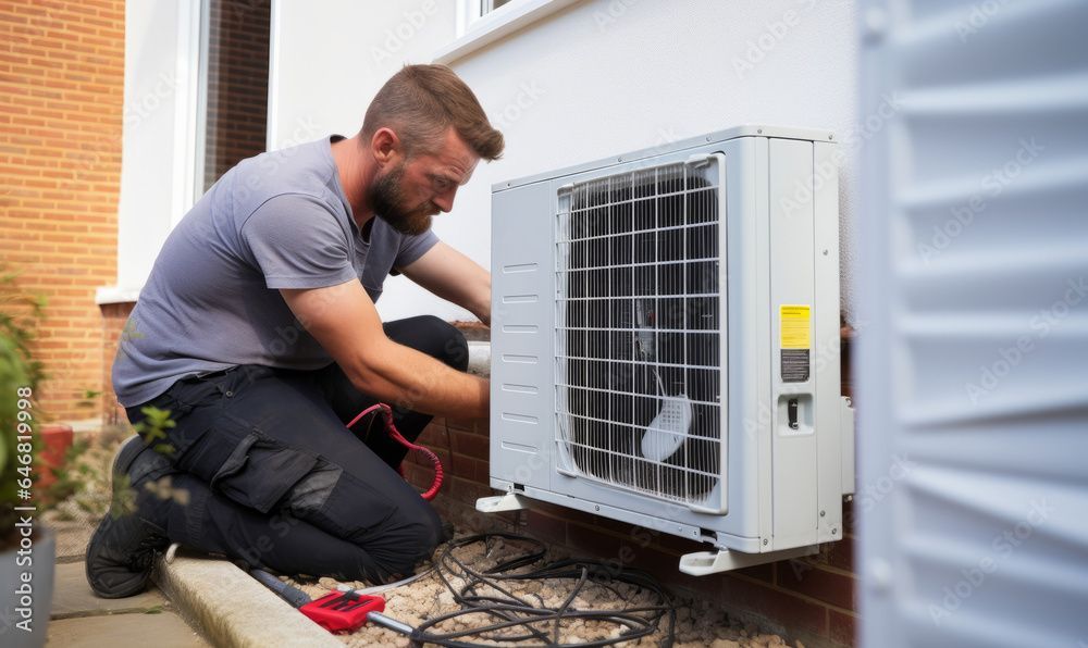 Un homme est à genoux et répare un climatiseur sur le côté d'un bâtiment.