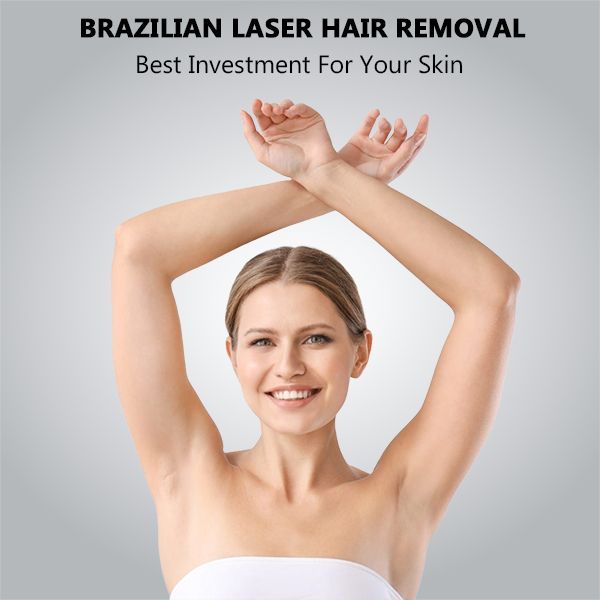 Woman with crossed arms overhead on teal-grey background with text: 'Brazilian laser hair removal: best for your skin.