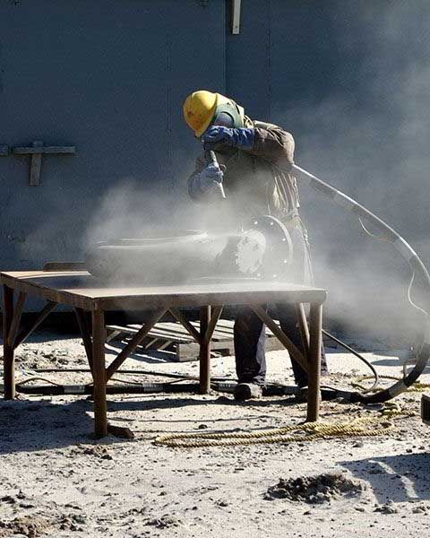 Un hombre que lleva un casco está puliendo con chorro de arena un trozo de madera.