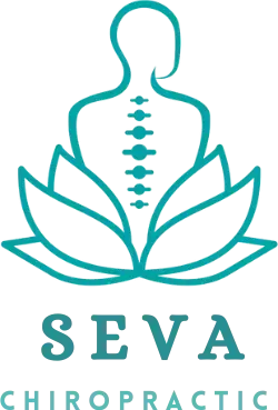 Teal SEVA Chiropractic logo with a meditating figure and lotus flower.