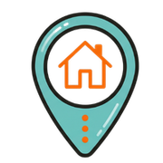 Teal map pin with orange house icon in the center