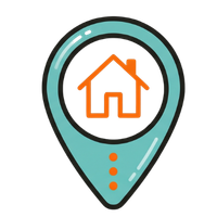 Teal map pin with orange house icon in the center