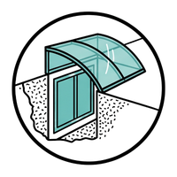 Illustration of a turquoise window cross-section with an open awning above a wall opening