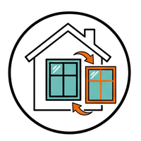 Two window panes in a house icon with orange arrows showing opening and closing movement