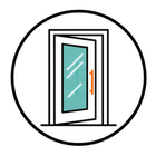 Open door icon with a glass panel and orange handle inside a black circle