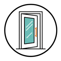 Open door icon with a glass panel and orange handle inside a black circle
