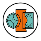 Abstract logo with teal and orange geometric shapes inside a black circle