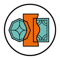 Stylized teal and orange design inside a black circle, resembling a decorative emblem
