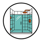 Shower stall with blue tiles, glass door, and orange showerhead and fixtures
