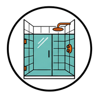 Cartoon blue-tiled shower with glass door, orange showerhead, and faucet in a circular frame