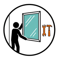 Person installing a window with wrench and hammer icons beside it