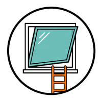 Open window with orange ladder illustration in a circle