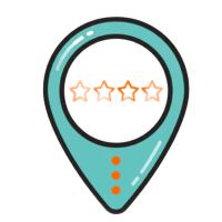 Teal map pin with orange house icon in the center