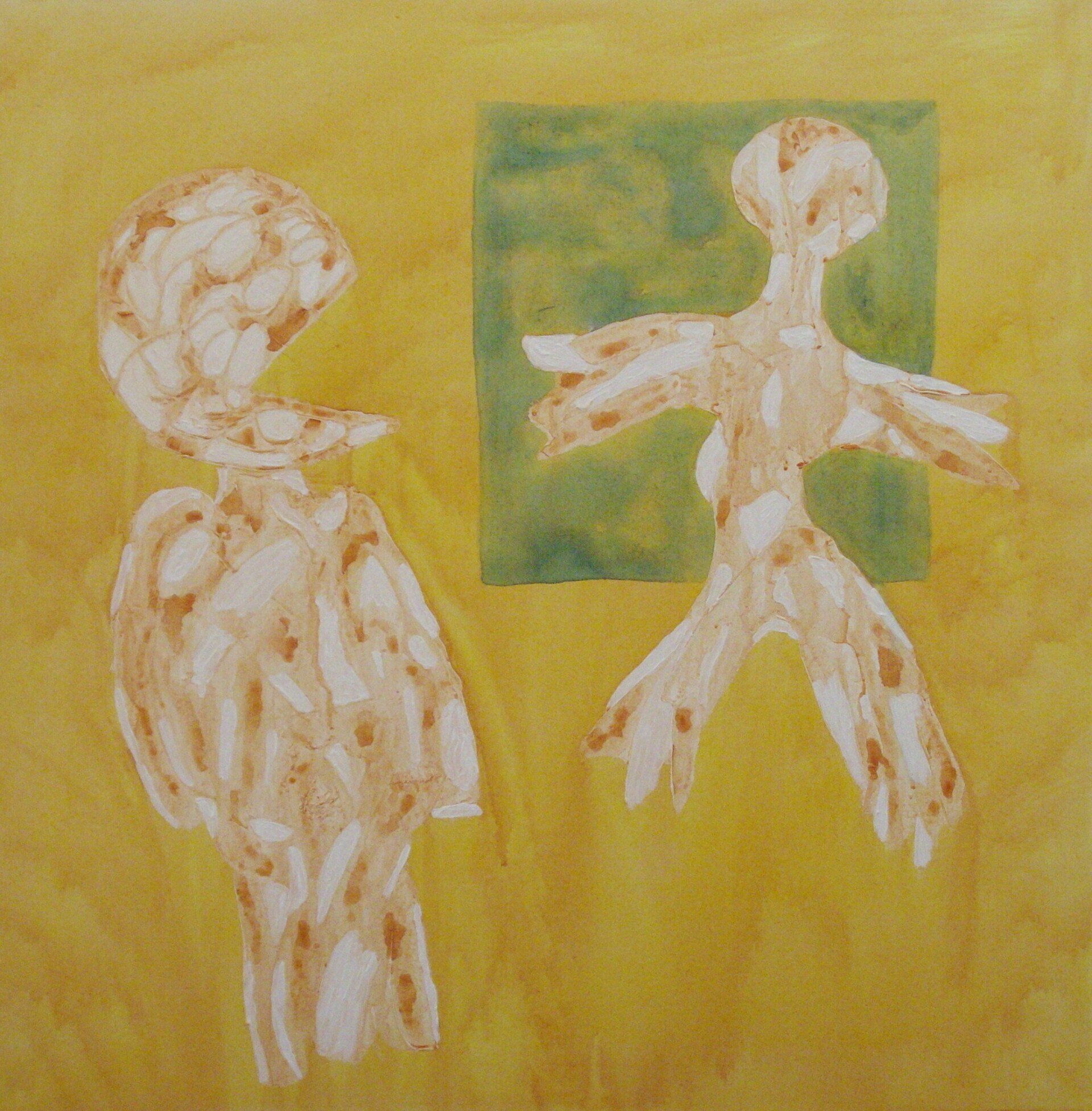 Abstracte schildering van twee witte, mensachtige figuren op een gele achtergrond.