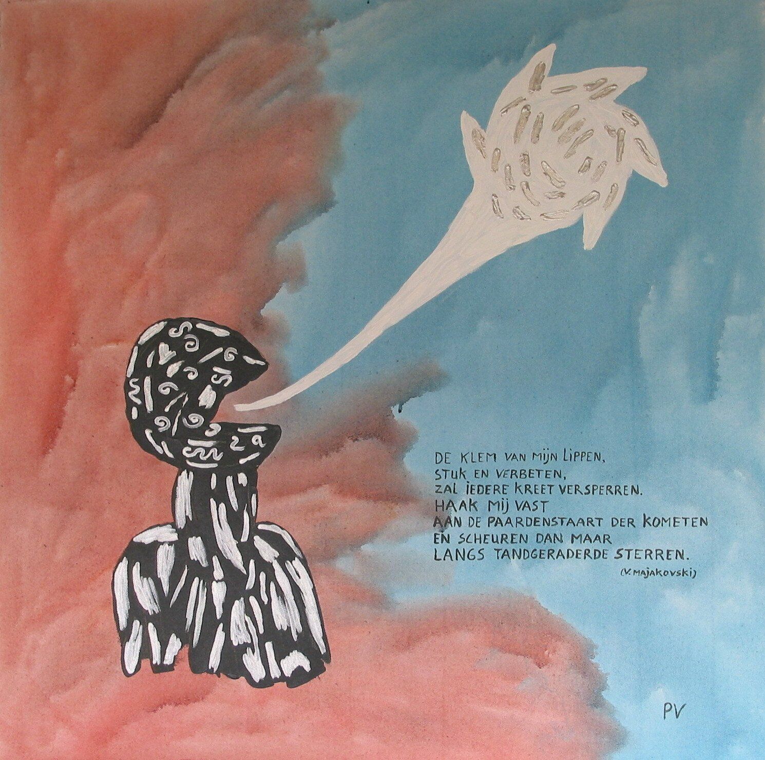Abstracte schildering van een figuur op een roze en blauwe achtergrond, die spreekt in een witte tekstballon met tekst.