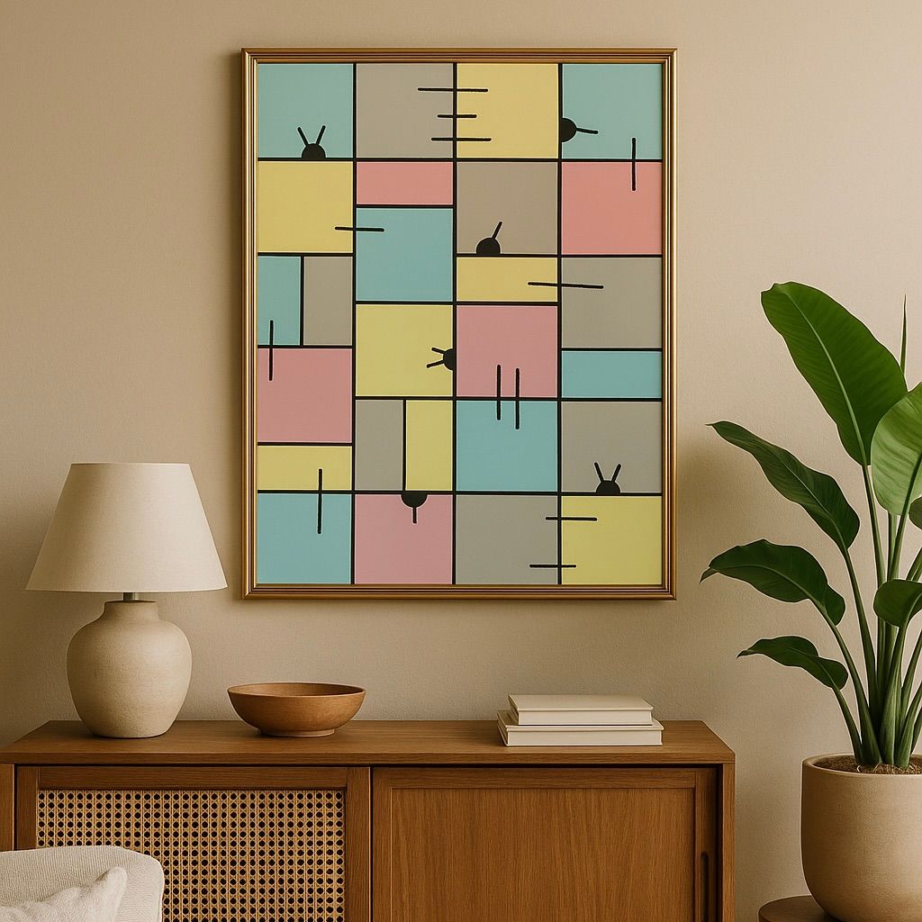 Kamer in mid-century stijl met abstracte pastelkleurige muurdecoratie, houten dressoir, lamp, schaal, boeken en potplant.