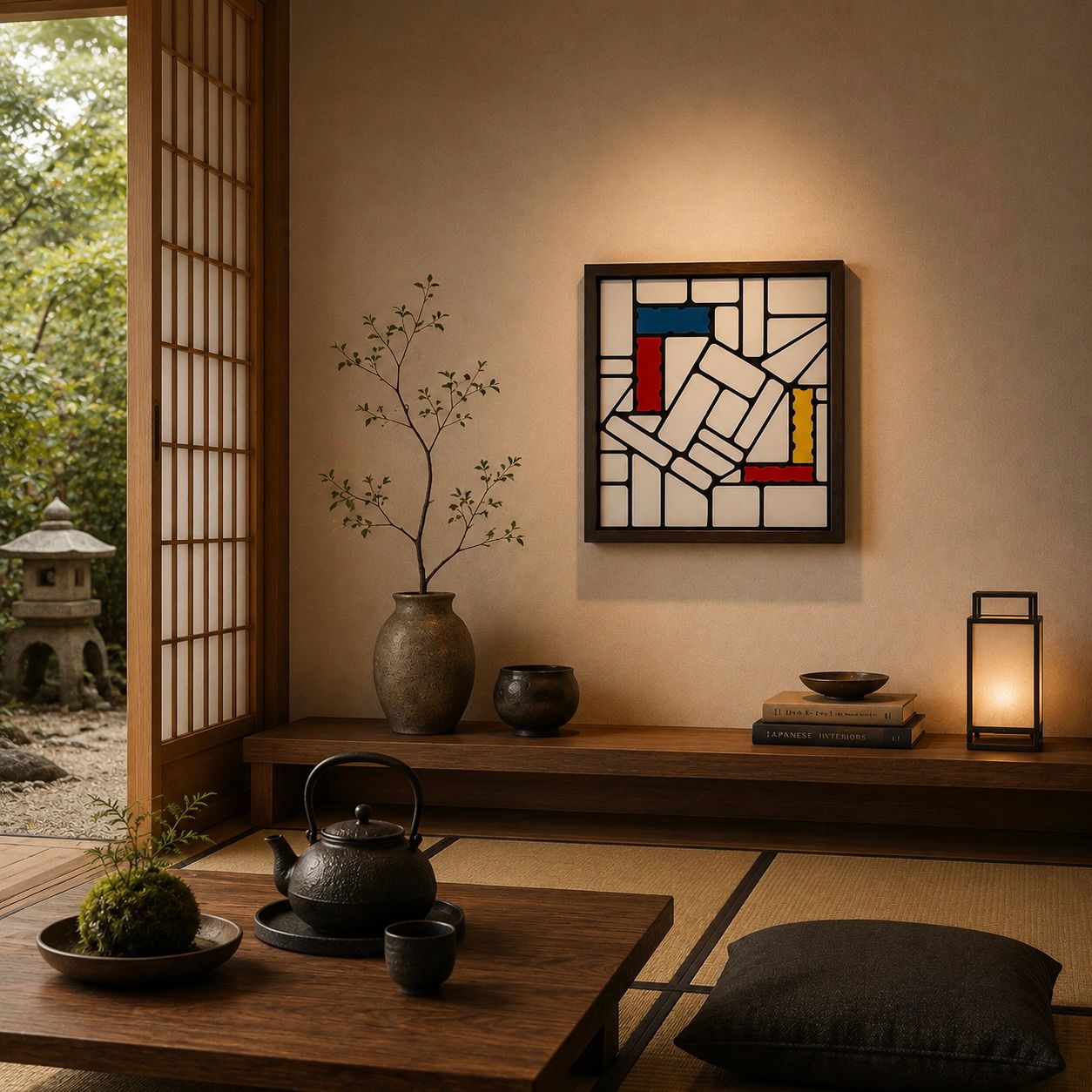 Rustgevende theekamer in Japanse stijl met tatami, lage tafel, staande lamp en een geometrisch kunstwerk aan de muur.