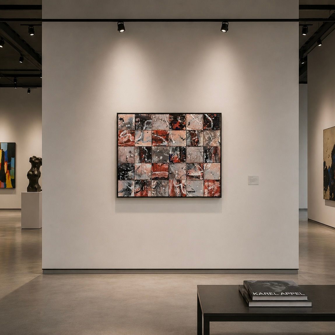 Minimalistische kunstgalerie met een collageschilderij op een witte muur en een sculptuur op de achtergrond.