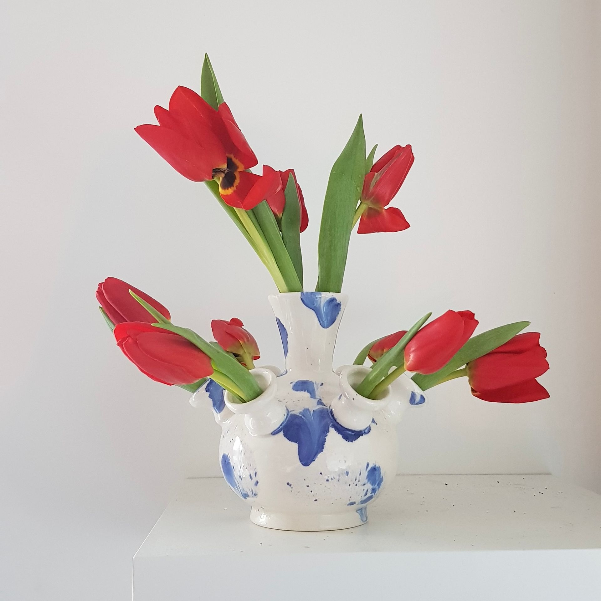 Witte en blauwe vaas met rode tulpen op een witte ondergrond.