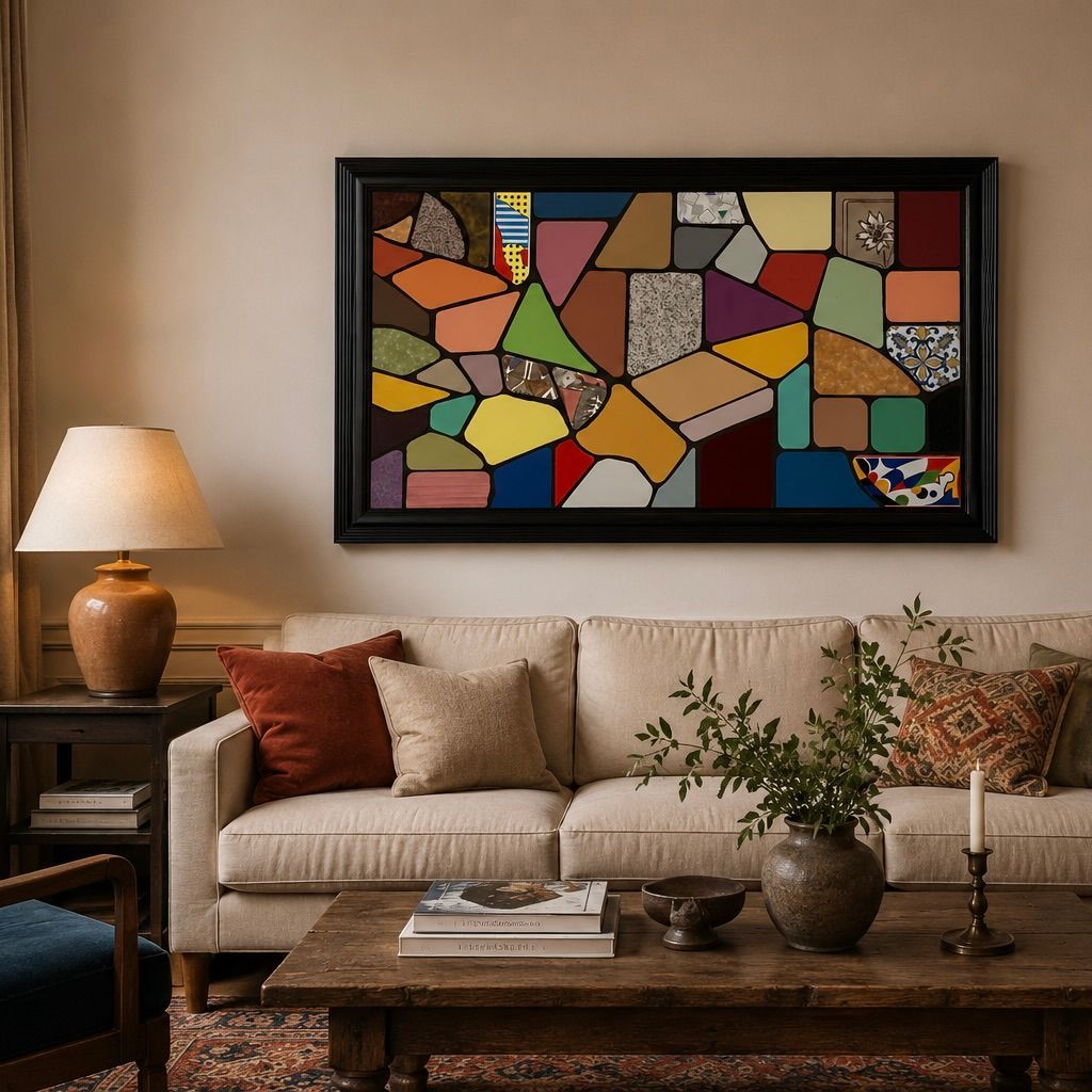 Gezellige woonkamer met beige bank, houten salontafel, lamp en kleurrijke abstracte muurdecoratie.