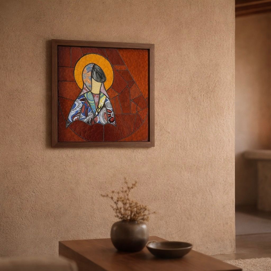 Ingelijst kleurrijk icoon aan een beige muur boven een houten tafel met een vaas en een kleine kom.