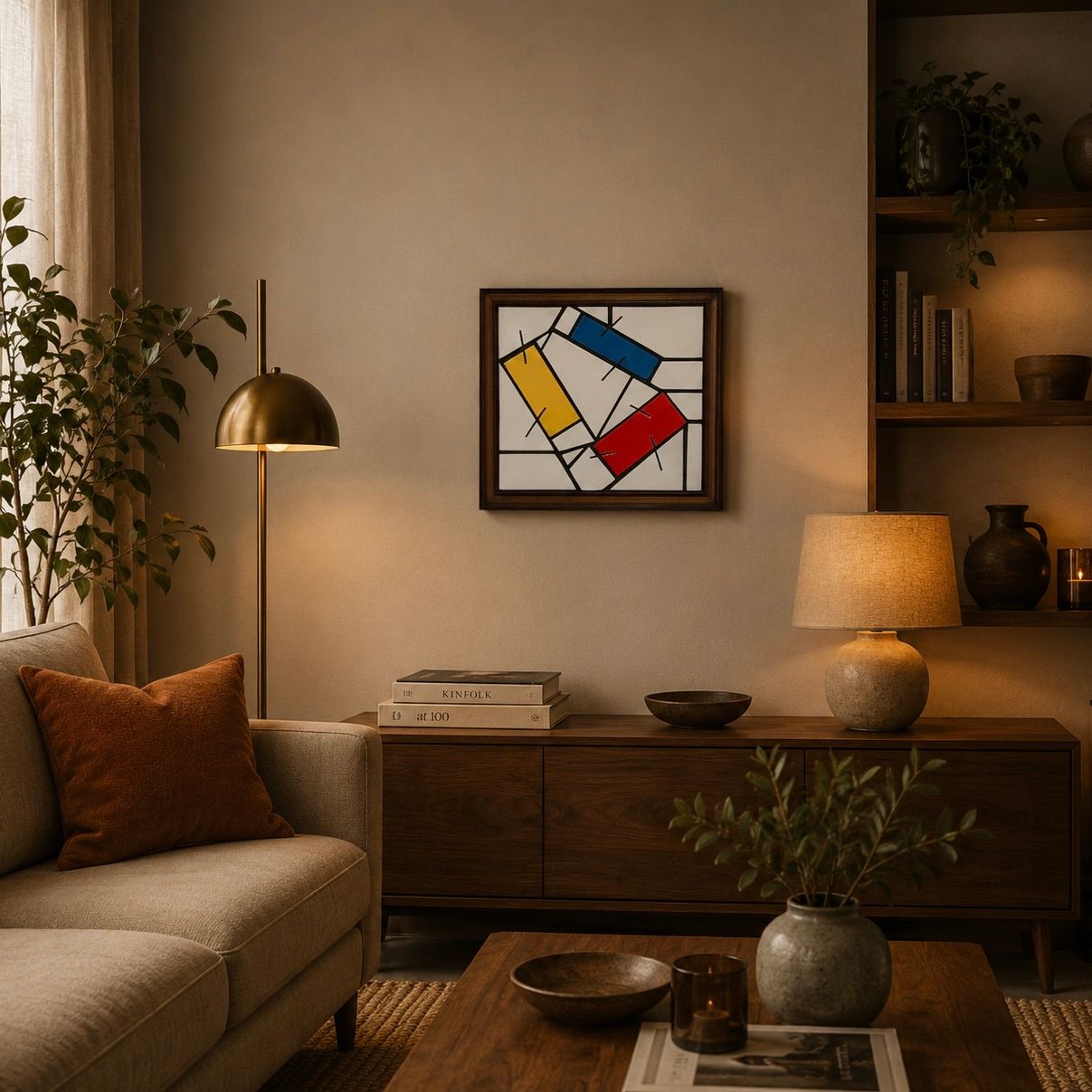 Gezellige woonkamer met beige bank, houten console, warm lamplicht en kleurrijke abstracte muurdecoratie.