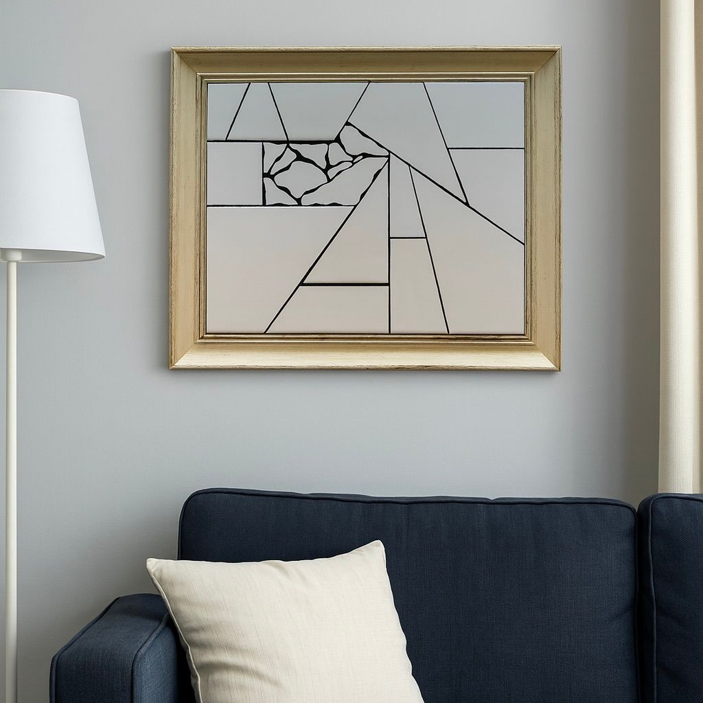 Ingelijste abstracte lijntekening boven een donkerblauwe bank met een wit kussen in een minimalistische woonkamer.