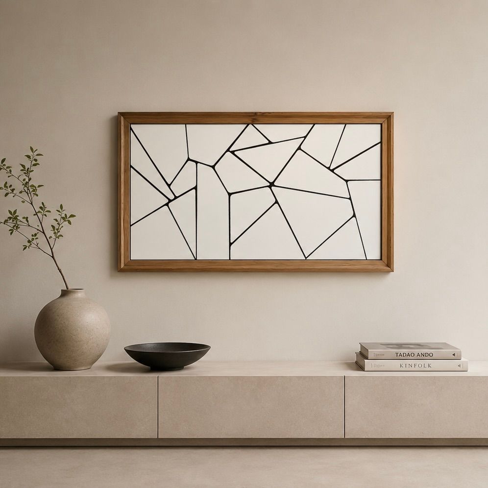Minimalistische woonkamer met abstracte lijntekeningen.